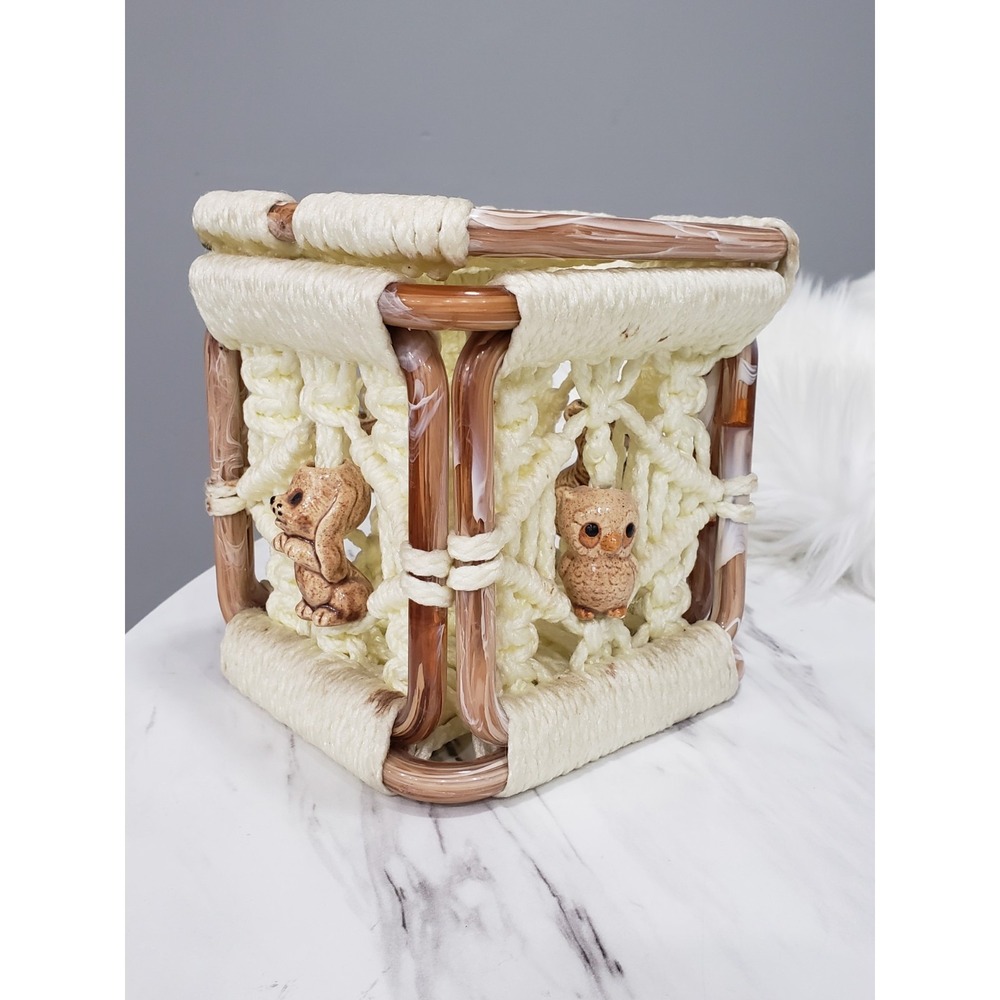 Vintage Handmade Boho Macrame Ceramic Animal Tissue Box Cover Woven Lucite